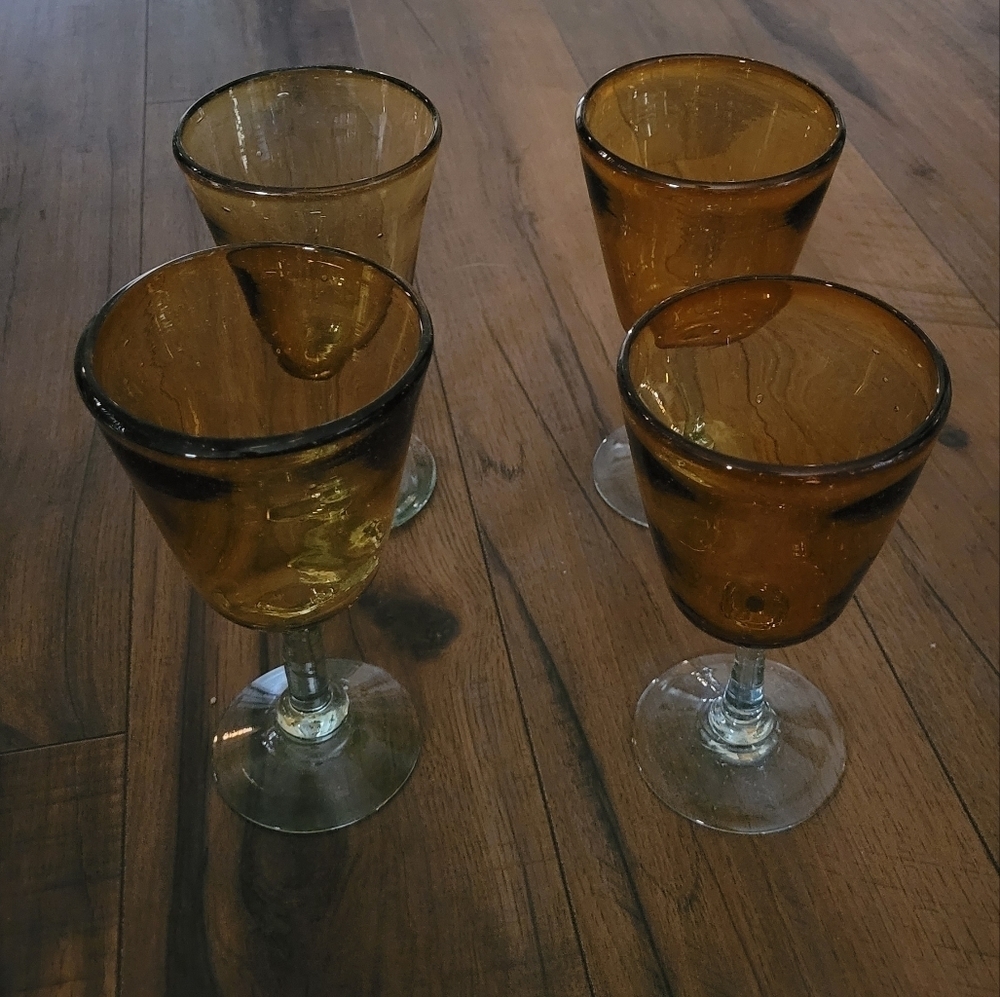 Vintage Amber and Recycled Green Blown Glass‎ Wine Goblets Set of 4